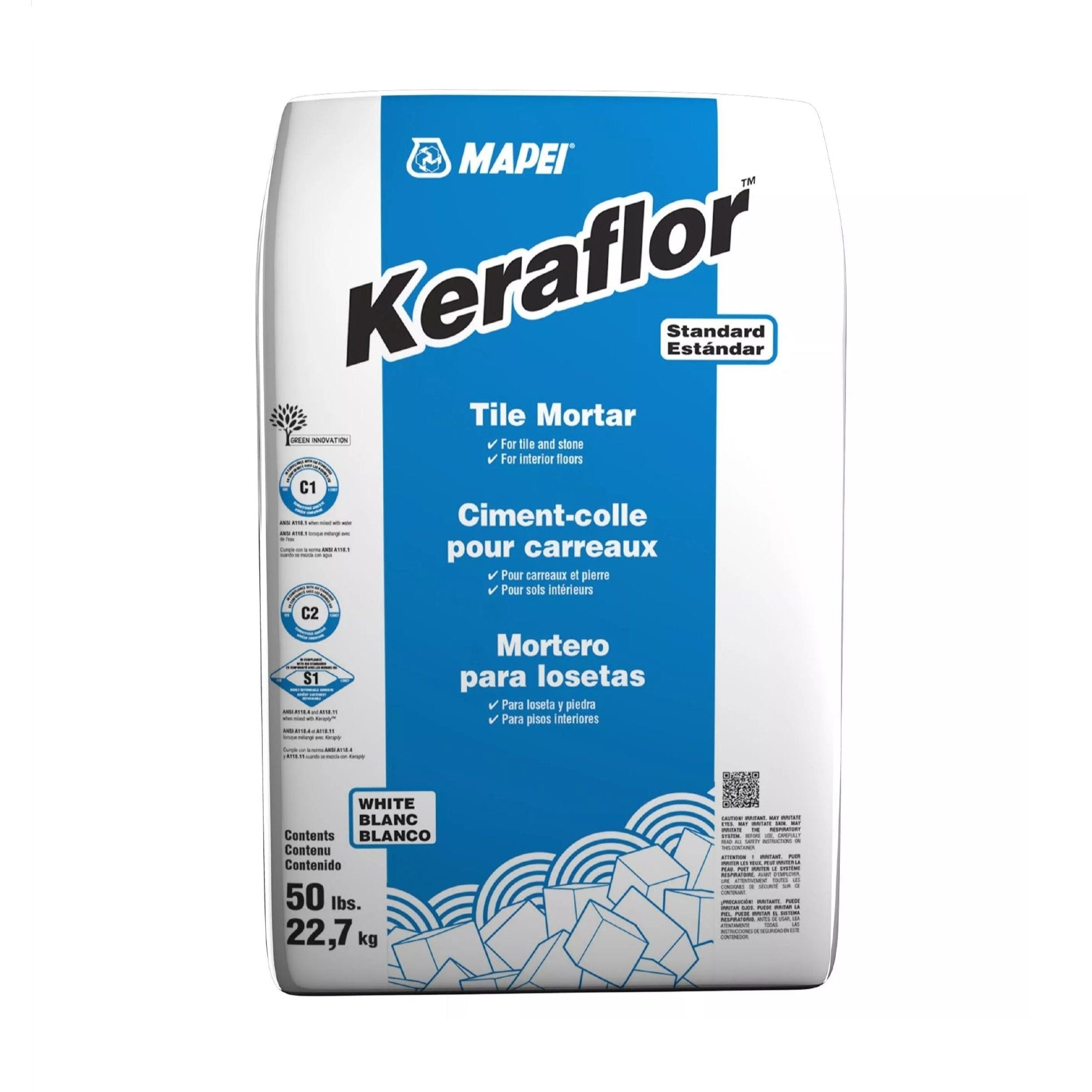 A 50 lb. bag of MAPEI Keraflor Thin-Set Tile Mortar - White, from Mapei, is ideal for floor applications. The packaging features predominantly white and blue colors and highlights its blanco property. Enhance with Keraply for improved performance.